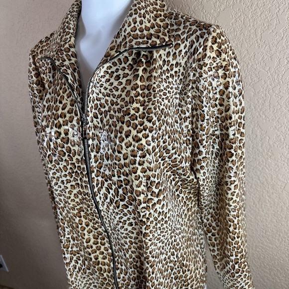 Exclusively Misook Brown Leopard Print Full Zip Shiny Jacket SZ L - Picture 3 of 5